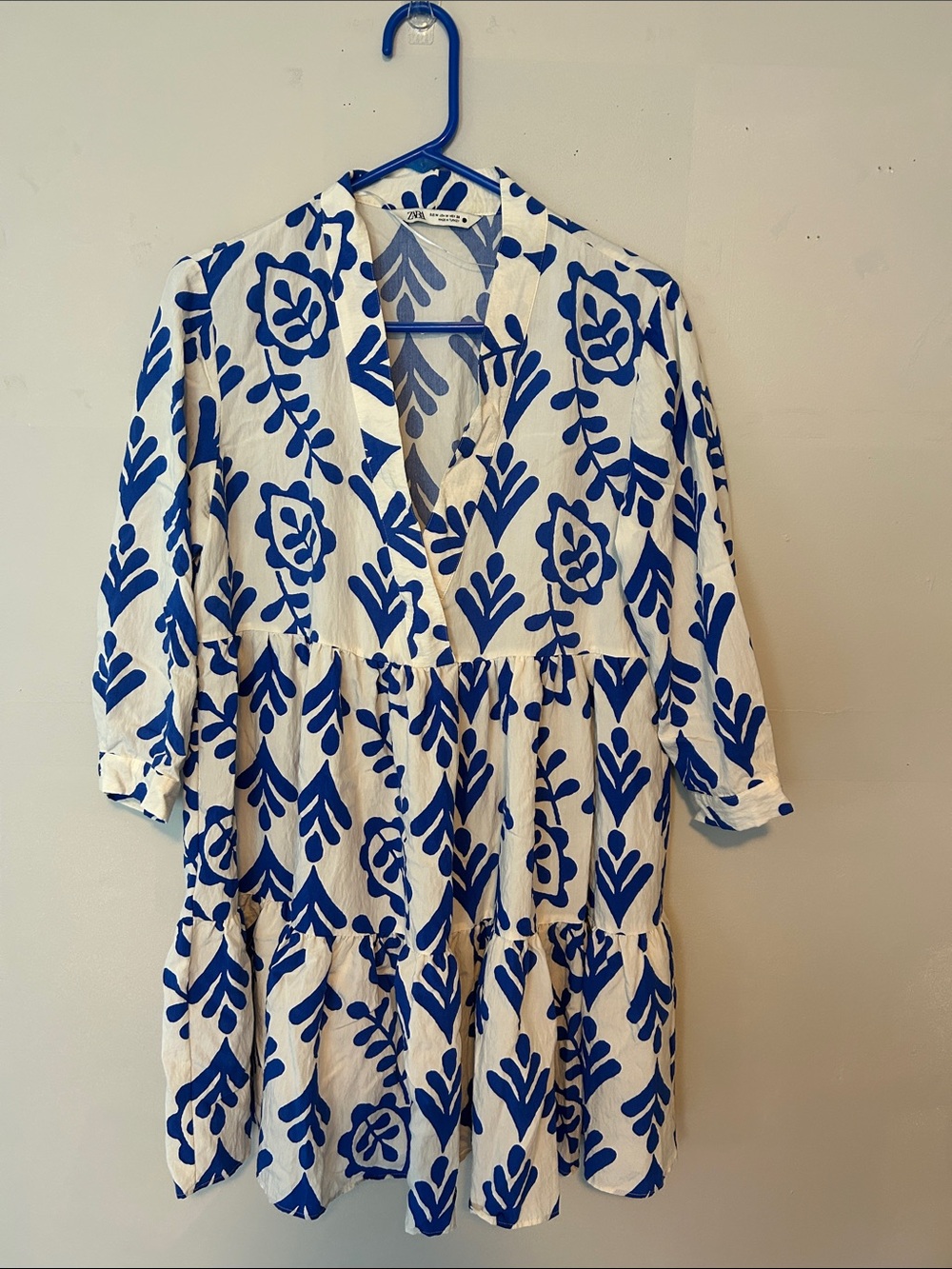 Zara White Midi Dress with Bold Blue Floral Print